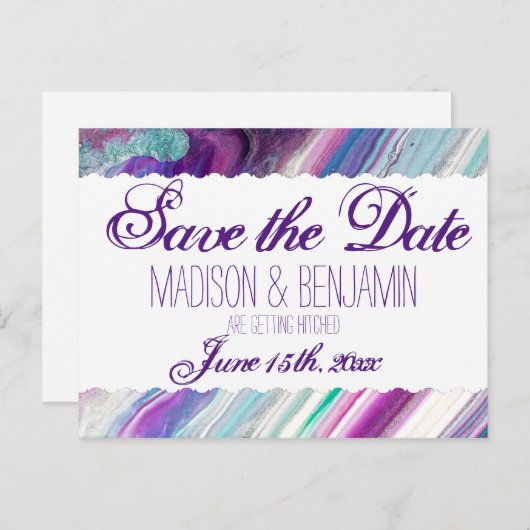 Carte Postale Purple et Aqua Mariage Abstrait Enregistrer la dat (Devant / Derrière)