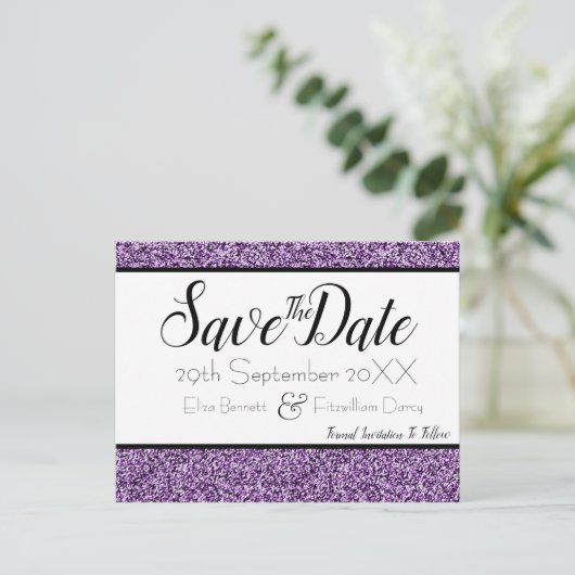 Carte Postale Purple Faux Parties scintillant Enregistrer la dat (Debout devant)