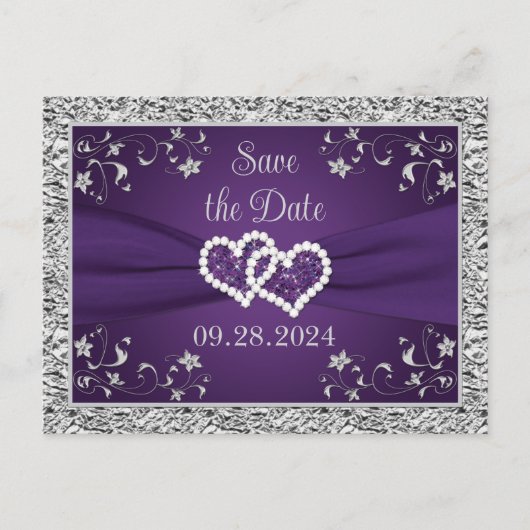 Carte Postale Purple, Grey Love Coeurs Mariage Enregistrer la da (Devant)