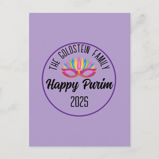 Carte Postale Purple Happy Purim Feather Masque (Devant)