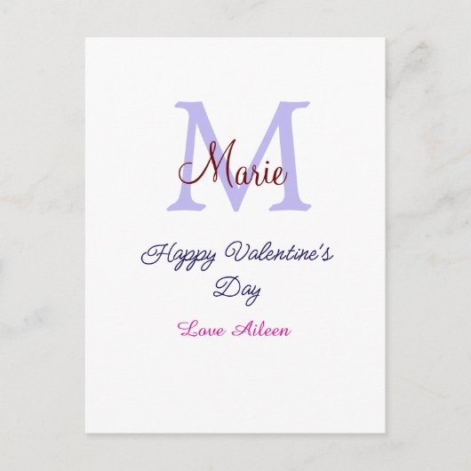 Carte Postale Purple pastel happy Valentine's day pink monogram  (Devant)