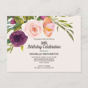 Carte Postale Purple Pêche Aquarelle Florale Ivoire 30e annivers