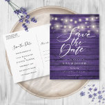 Carte Postale Purple Rustic Wood String lumières Enregistrer la<br><div class="desc">Ce rustique enregistrer la carte de date comporte de jolies lampes à cordes et un script élégant enregistrer la date au-dessus de vos détails set dans la typographie élégante sur un arrière - plan rustique de panneaux de bois violet. Le verso contient des détails supplémentaires sur la date, y compris...</div>