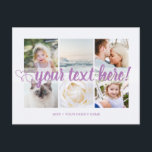 Carte Postale Purple Votre texte personnalisé 6 photos collage u<br><div class="desc">Script avec coeur Votre texte personnalisé 6 photos collage Lavender violet universel Carte postale. 6 photos de collage familial personnalisées Cartes postales de salutations universelles avec un collage photo élégant avec 6 images customisées, votre message de salutations en texte manuscrit élégant, votre nom, date, année, message au dos dans une...</div>