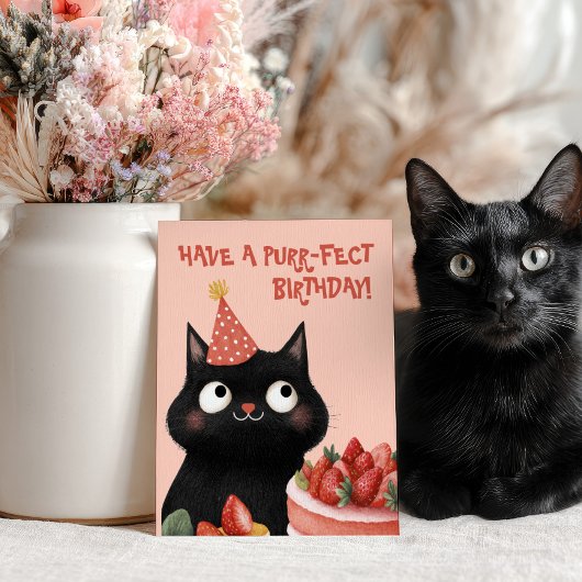Carte Postale Purr-fect Chat noir mignon Feline rose Anniversair