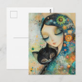 CARTE POSTALE PUZZLE DE FILLE ET CHAT D'ART (Devant / Derrière)