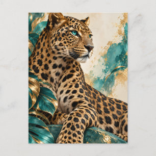Carte Postale Puzzle Luxueux Léopard Turquoise et Or
