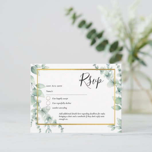 Carte Postale QR CODE RSVP Eucalyptus Feuille Mariage vert (Debout devant)
