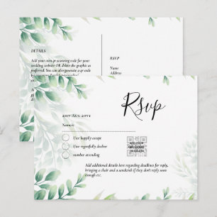Carte Postale QR CODE RSVP Eucalyptus Feuille Mariage vert Po