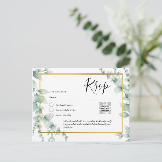Carte Postale QR CODE RSVP Eucalyptus Feuille Mariage vert Po (Debout devant)
