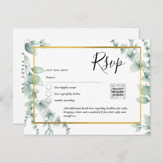 Carte Postale QR CODE RSVP Eucalyptus Feuille Mariage vert Po (Devant / Derrière)