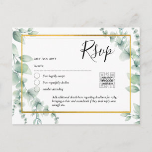 Carte Postale QR CODE RSVP Eucalyptus Feuille Mariage vert Po