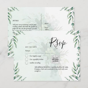 Carte Postale QR CODE RSVP Eucalyptus Feuille Mariage vert Po