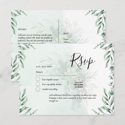 Carte Postale QR CODE RSVP Eucalyptus Feuille Mariage vert Po (Devant / Derrière)