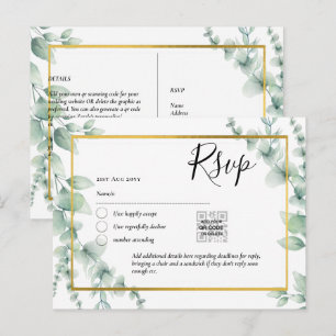 Carte Postale QR CODE RSVP Eucalyptus Feuille Mariage vert Po