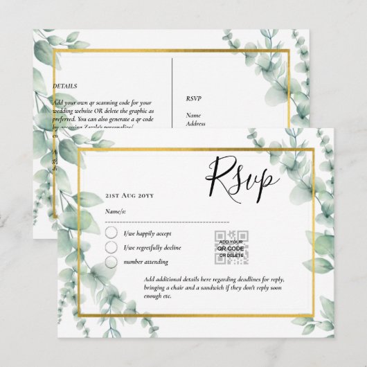 Carte Postale QR CODE RSVP Eucalyptus Feuille Mariage vert Po (Devant / Derrière)