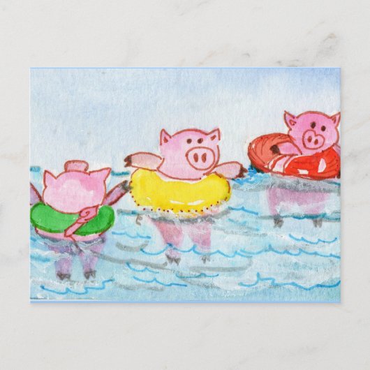 Carte Postale Quand les porcelets flottent - Cochons de natation (Devant)