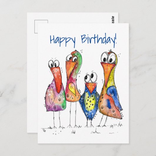 Carte Postale Quatre Beaux Oiseaux Whimsical Colorés (Devant / Derrière)