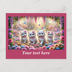 Carte Postale Quatre chatons blancs avec des fleurs et des papil
