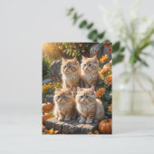 Carte Postale Quatre chatons d'automne en feuillu avec Citrouill (Debout devant)