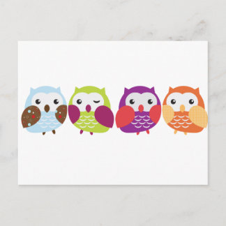 Carte Postale Quatre Chouettes colorées