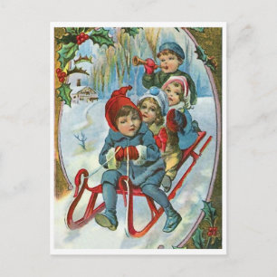 Carte Postale Quatre enfants sur un traîneau, hiver, vacances vi