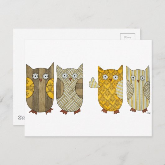 Carte postale Quatre Hiboux en or (Devant / Derrière)