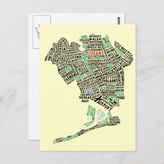 Carte Postale Queens NYC Typography Map Postcard (Devant / Derrière)