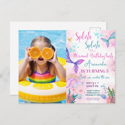 Carte Postale Queue de sirène Aquarelle Anniversaire Sous l'océa (Devant / Derrière)