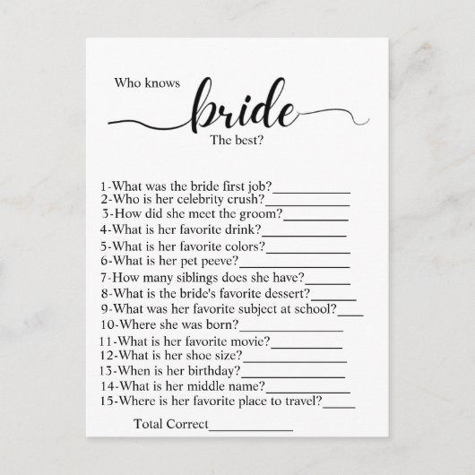 Carte Postale Qui connaît la mariée meilleur jeu de douche de ma (Devant)