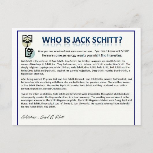 Carte Postale Qui est Jack Schitt ? (Devant)
