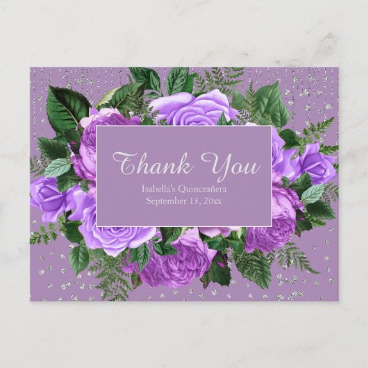 Carte Postale Quinceañera Fleurs violettesMerci Parties scintill (Devant)
