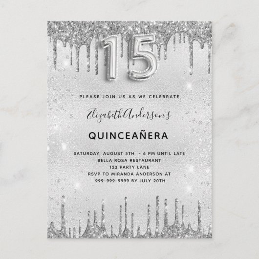 Carte Postale Quinceanera parties scintillant argent invitation (Devant)