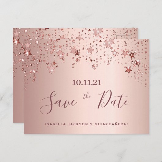Carte Postale Quinceanera rose or étoiles enregistrer la date (Devant / Derrière)