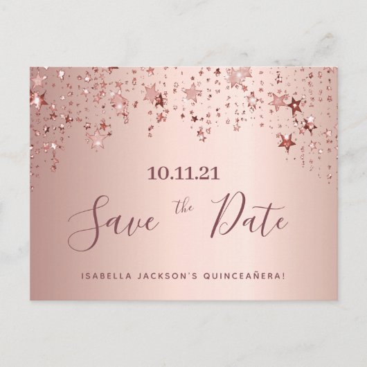 Carte Postale Quinceanera rose or étoiles enregistrer la date (Devant)