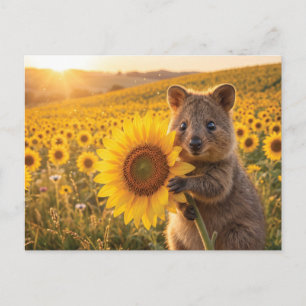 Carte Postale Quokka Souriant Heureux Tenant un Tournesol