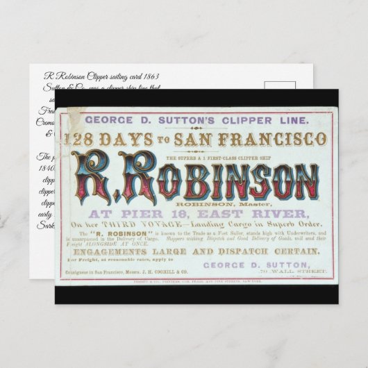 Carte Postale R Robinson Clipper voilier 1863 (Devant / Derrière)