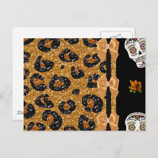 Carte Postale RAB Rockabilly Gold Leopard Print Sugar Skulls (Devant / Derrière)