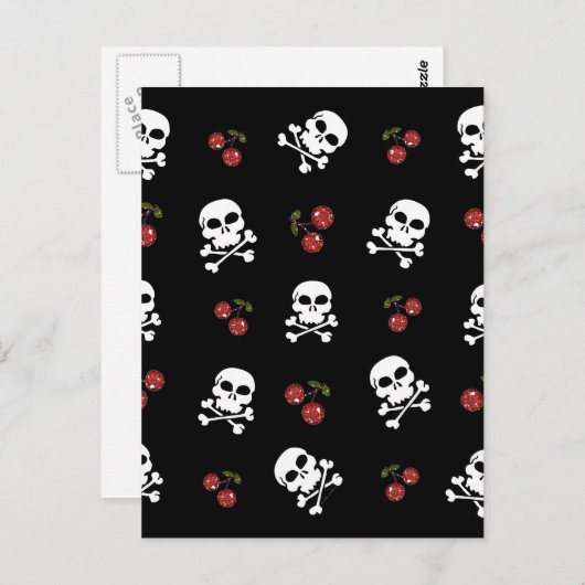 Carte Postale RAB Rockabilly Skuls et Cerises sur Noir (Devant / Derrière)