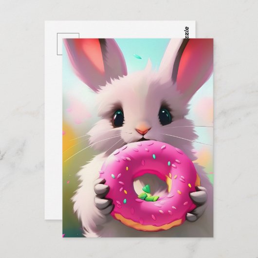 Carte Postale Rabbit Adorable Avec Une Donut (Devant / Derrière)