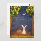 Carte Postale Rabbit avec une valise regardant vers le ciel noct (Devant / Derrière)