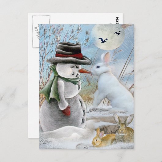 Carte Postale Rabbit Manger le nez de Snowman (Devant / Derrière)