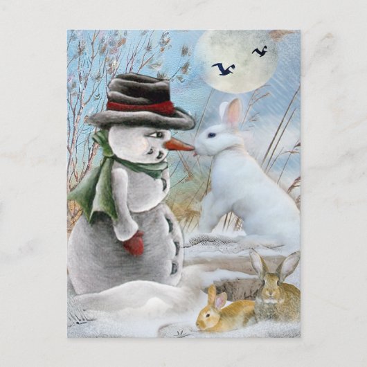 Carte Postale Rabbit Manger le nez de Snowman (Devant)