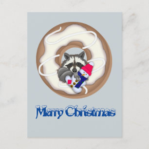 Carte Postale Raccoon avec bonhomme de neige Joyeux Noël