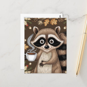 Carte Postale Raccoon Avec Café
