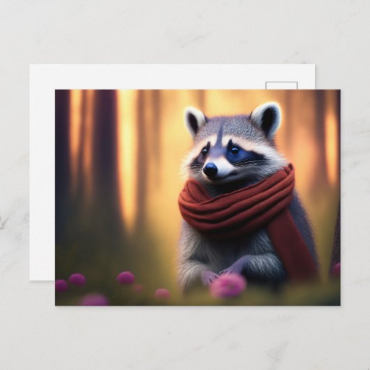 Carte Postale Raccoon avec une écharpe dans la forêt (Devant / Derrière)