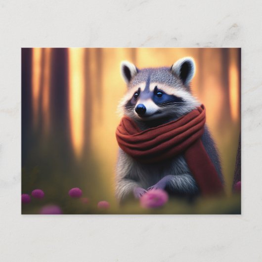 Carte Postale Raccoon avec une écharpe dans la forêt (Devant)
