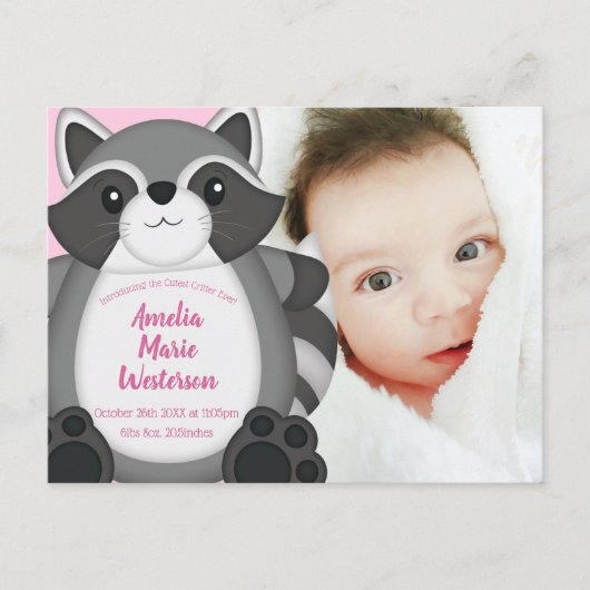 Carte Postale Raccoon Baby shower rose (Devant)