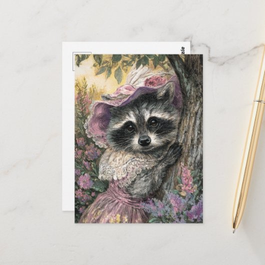 Carte Postale Raccoon de charme en robe rose (Devant/Arrière en situation)