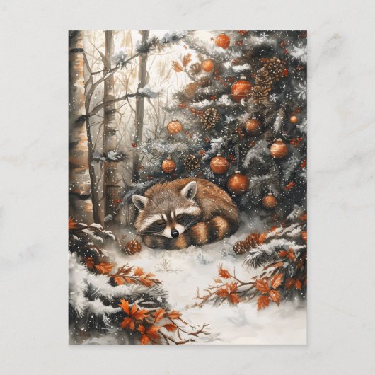 Carte Postale Raccoon dormant Whimsical Noël rustique (Devant)